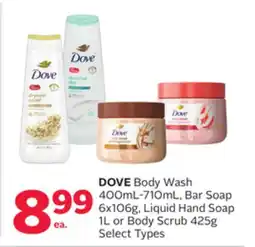 Rexall DOVE Body Wash 400mL-710mL, Bar Soap 6x106g, Liquid Hand Soap 1L or Body Scrub 425g offer