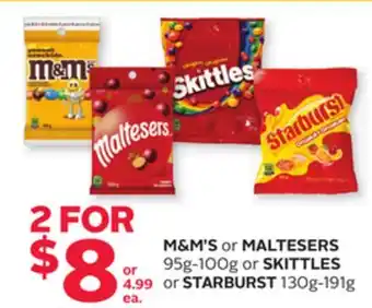 Rexall M & M' S or MALTESERS 95g-100g or SKITTLES or STARBURST 130g-191g offer