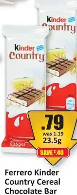 Starsky Ferrero Kinder Country Cereal Chocolate Bar offer