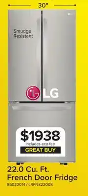 Leon's LG 30 Smudge Resistant Stainless Steel French Door Refrigerator (22 cu. ft.) - LRFNS2200S offer