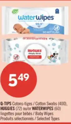 Pharmaprix Q-TIPS Cotton Swabs (400), HUGGIES (72) or WATERWIPES (60) Baby Wipes offer