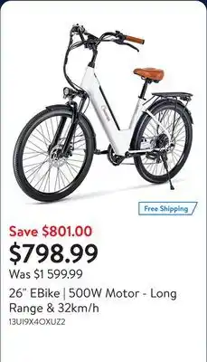 Walmart 26 EBike | 500W Motor - Long Range & 32km/h offer