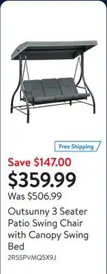 Walmart Outsunny 3 Seater Patio Swing Chair with Canopy Swing Bed offer