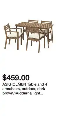 IKEA ASKHOLMEN Table and 4 armchairs, outdoor, dark brown/Kuddarna light gray-beige offer