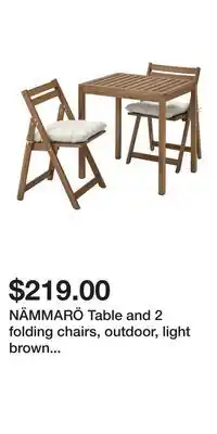 IKEA NÄMMARÖ Table and 2 folding chairs, outdoor, light brown stained/Kuddarna light gray-beige offer