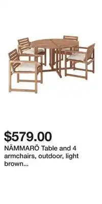 IKEA NÄMMARÖ Table and 4 armchairs, outdoor, light brown stained/Kuddarna light gray-beige offer