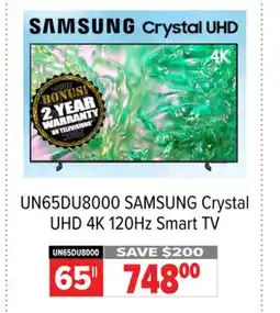 2001 Audio Video UN65DU8000 SAMSUNG Crystal UHD 4K 120Hz Smart TV offer