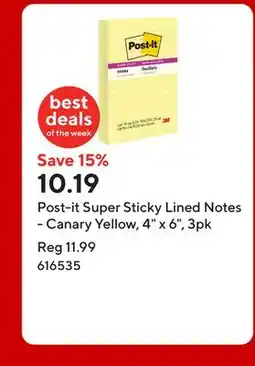 Staples Post-it Super Sticky Lined Notes - Canary Yellow, 4 x 6, 3pk offer