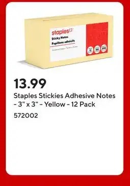 Staples Staples Stickies Adhesive Notes - 3 x 3 - Yellow - 12 Pack offer