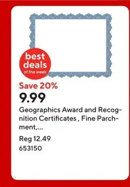 Staples Geographics Award and Recognition Certificates , Fine Parchment, 8-1/2 x 11, Optima Blue, 25/Pack offer