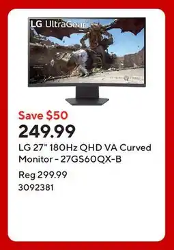 Staples LG 27 180Hz QHD VA Curved Monitor - 27GS60QX-B offer