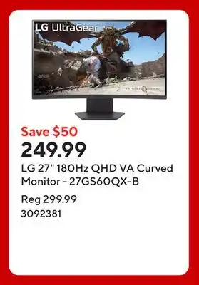 Staples LG 27 180Hz QHD VA Curved Monitor - 27GS60QX-B offer