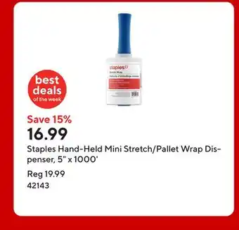 Staples Staples Hand-Held Mini Stretch/Pallet Wrap Dispenser, 5 x 1000' offer