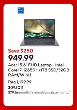 Staples Acer 15.6 FHD Laptop - Intel Core i7-12650H/1TB SSD/32GB RAM/Win11 offer