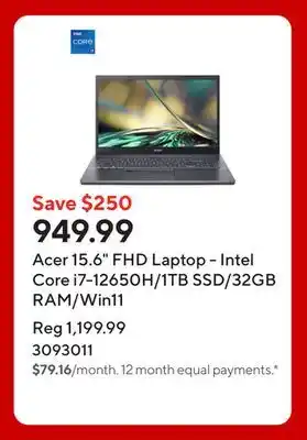 Staples Acer 15.6 FHD Laptop - Intel Core i7-12650H/1TB SSD/32GB RAM/Win11 offer