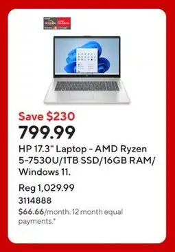 Staples HP 17.3 Laptop - AMD Ryzen 5-7530U/1TB SSD/16GB RAM/Windows 11 offer