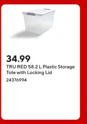 Staples TRU RED 58.2 L Plastic Storage Tote with Locking Lid offer