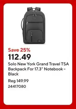 Staples Solo New York Grand Travel TSA Backpack For 17.3 Notebook - Black offer
