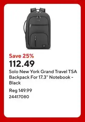 Staples Solo New York Grand Travel TSA Backpack For 17.3 Notebook - Black offer