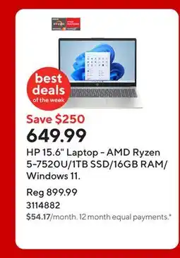 Staples HP 15.6 Laptop - AMD Ryzen 5-7520U/1TB SSD/16GB RAM/Windows 11 offer