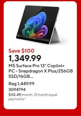 Staples MS Surface Pro 13 Copilot+ PC - Snapdragon X Plus/256GB SSD/16GB RAM/Touchscreen/Windows 11/Platinum offer