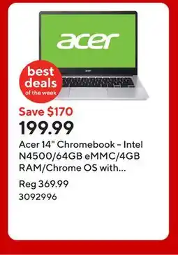 Staples Acer 14 Chromebook - Intel N4500/64GB eMMC/4GB RAM/Chrome OS with 3 months of Gemini Advanced offer