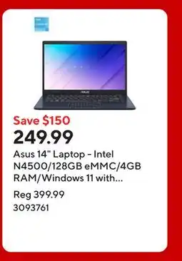 Staples Asus 14 Laptop - Intel N4500/128GB eMMC/4GB RAM/Windows 11 with 1-year of Microsoft 365 offer