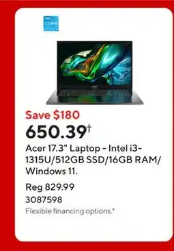 Staples Acer 17.3 Laptop - Intel i3-1315U/512GB SSD/16GB RAM/Windows 11 offer