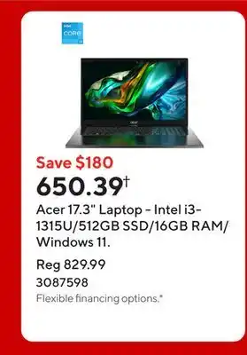 Staples Acer 17.3 Laptop - Intel i3-1315U/512GB SSD/16GB RAM/Windows 11 offer