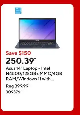 Staples Asus 14 Laptop - Intel N4500/128GB eMMC/4GB RAM/Windows 11 with 1-year of Microsoft 365 offer