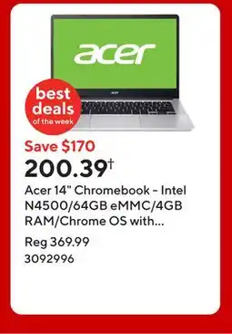 Staples Acer 14 Chromebook - Intel N4500/64GB eMMC/4GB RAM/Chrome OS with 3 months of Gemini Advanced offer