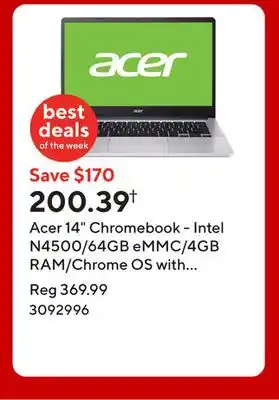 Staples Acer 14 Chromebook - Intel N4500/64GB eMMC/4GB RAM/Chrome OS with 3 months of Gemini Advanced offer