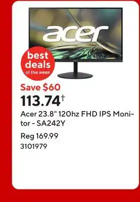 Staples Acer 23.8 120hz FHD IPS Monitor - SA242Y offer
