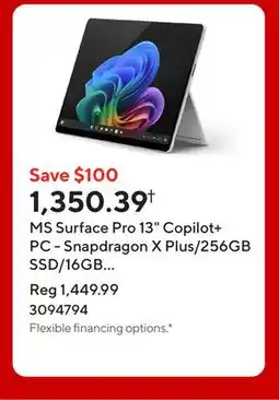 Staples MS Surface Pro 13 Copilot+ PC - Snapdragon X Plus/256GB SSD/16GB RAM/Touchscreen/Windows 11/Platinum offer