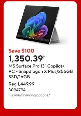 Staples MS Surface Pro 13 Copilot+ PC - Snapdragon X Plus/256GB SSD/16GB RAM/Touchscreen/Windows 11/Platinum offer