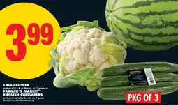 No Frills Cauliflower or farmer's market english cucumbers offer