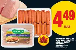 No Frills Breakfast beef and pork sausages or lilydale turkey breakfast sausages offer