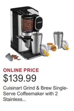 Costco Cuisinart Grind & Brew Single-Serve Coffeemaker with 2 Stainless Steel Travel Mugs offer