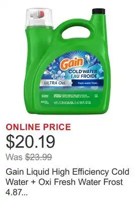 Costco Gain Liquid High Efficiency Cold Water + Oxi Fresh Water Frost 4.87 L 121 Loads offer