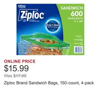 Costco Ziploc Brand Sandwich Bags, 150-count, 4-pack offer