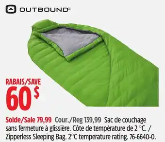 Canadian Tire Outbound Zipperless Sleeping Bag 2°C temperature rating offer