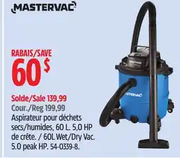 Canadian Tire Mastervac 60L Wet/Dry Vac. 5.0 peak HP offer