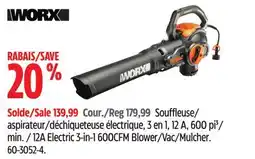 Canadian Tire Worx 12A Electric 3-in-1 600CFM Blower/Vac/Mulcher offer