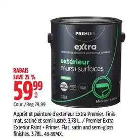 Canadian Tire Premier Extra Exterior Paint + Primer. Flat, satin and semi-gloss offer
