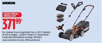 Canadian Tire Worx 2x20V 14* Mower & 12 String Trimmer Combo with 2x4Ah Batteries & Charger offer