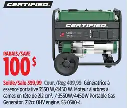 Canadian Tire CERTIFIED 3550W/4450W Portable Gas Generator offer