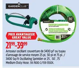 Canadian Tire Garden Club 3400 Sq-Ft Oscillating Sprinkler or 25´, 50´, 75´ Medium-Duty Hose offer