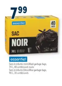 Familiprix ESSENTIEL Black garbage bags, 74 L, 40 units or Blue garbage bags, 90 L, 30 units offer