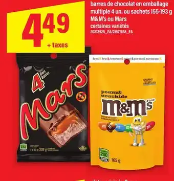 Maxi BARRES DE CHOCOLAT EN EMBALLAGE MULTIPLE, 4 UN. OU SACHETS, 155-193 G M & M' S OU MARS offer