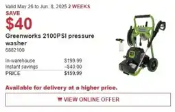 Costco Greenworks 2100PSI pressure washer offer